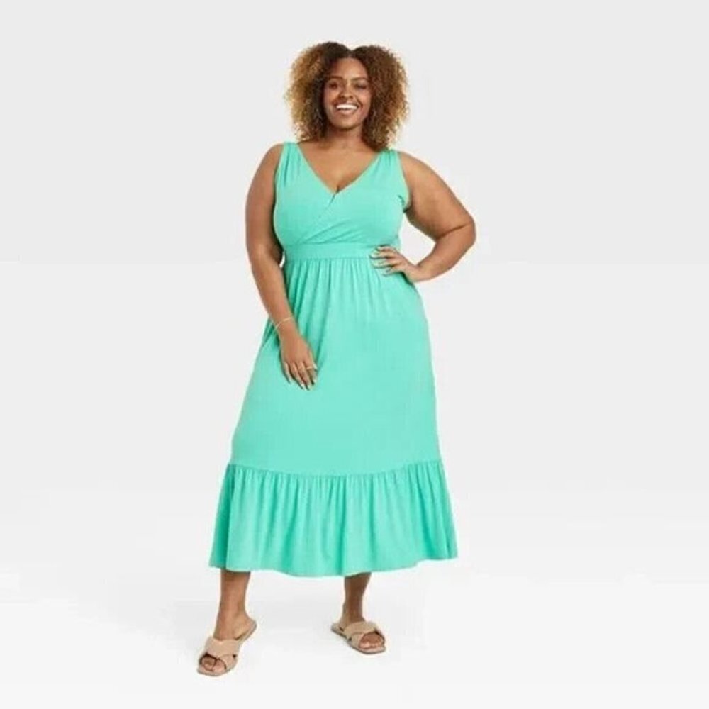 Ava & Viv - Women's V-Neck A-Line Maxi Dress in Aqua Green​​​​​​​​​​